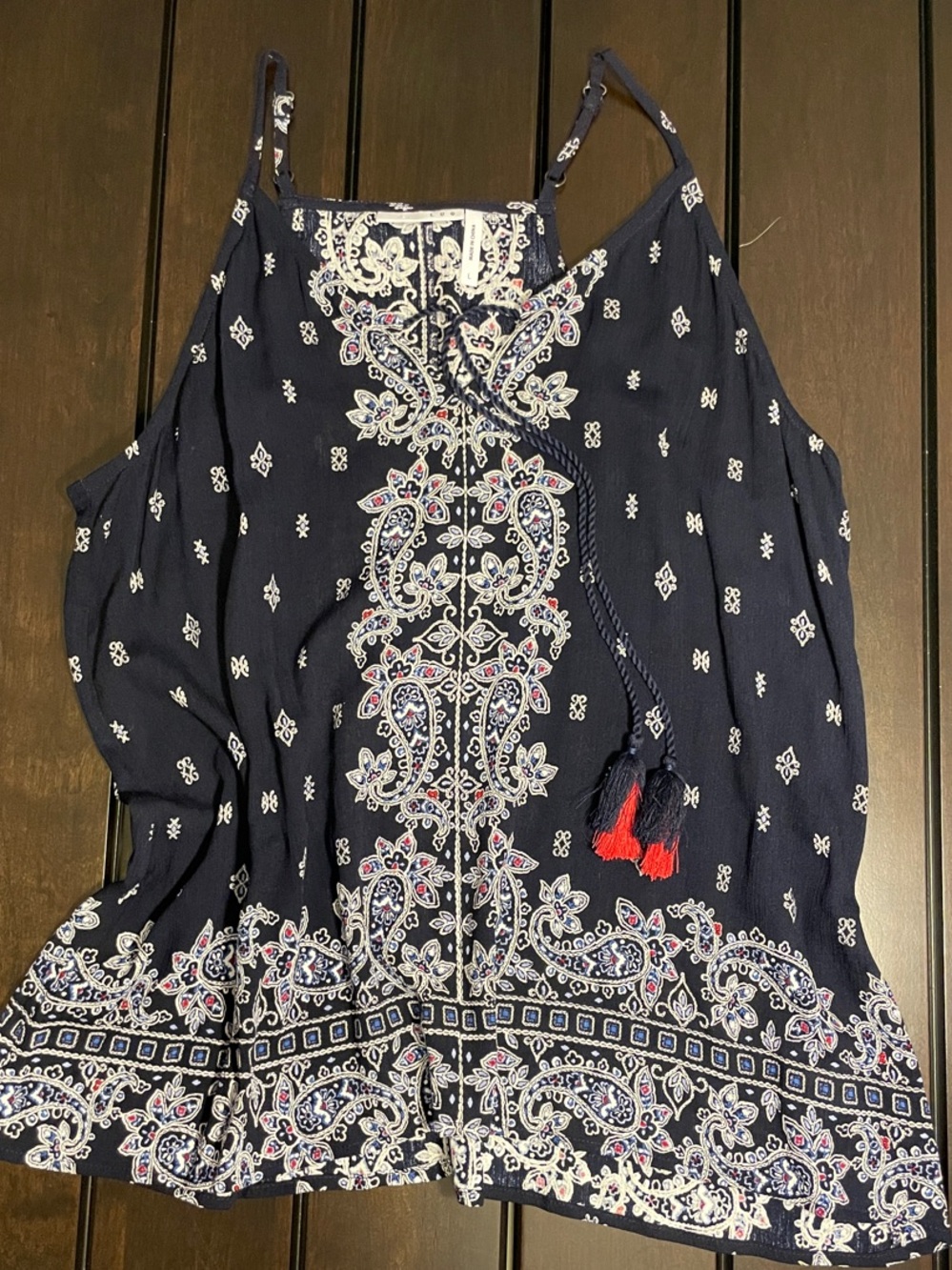 LUQ Boho Navy Paisley Tassel Cami Top